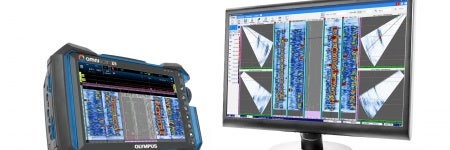 OmniScan X3 Phased-Array-Prüfgerät und erweiterte WeldSight Analysesoftware auf einem Computerbildschirm