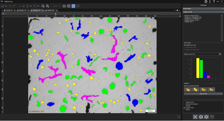 Der Metallographie-Arbeitsablauf der PRECiV Software zeigt den erkannten Graphit und Partikelgrößen gemäß ASTM-Normen