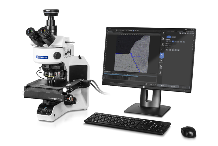 Mikroskop der CX-Serie von Olympus mit motorgesteuertem Tisch, über die PRECiV Mess- und Analysesoftware gesteuert