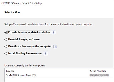 Wählen Sie „Provide licenses, update installation“ (Lizenzen bereitstellen, Installation aktualisieren). Unter „Licenses currently on this computer“ (Aktuelle Lizenzen auf diesem Computer) sehen Sie Ihre OLYMPUS Stream-Lizenzen. Klicken Sie auf „Next“ (Weiter).