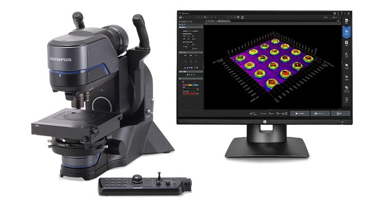 Ein DSX1000 Digitalmikroskop mit Konsole neben einem Monitor mit PRECiV-Software