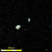 Verunreinigung im Klarlack unter polarisiertem Licht—277x, DSX510 Mikroskop.