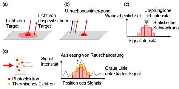 Abbildung 4: Beispiele zu Hintergrundrauschen - biologischer Hintergrund aufgrund einer unspezifischen Färbung oder Autofluoreszenz (a), Umgebungslicht aus dem Raum, das auf einem Objektträger reflektiert wird (b), Schrotrauschen (c), Störsignale in einer Kamera aufgrund thermischer Elektronen in einem Sensor (links) und ausgelesenes Rauschen (rechts) (d). Thermische Elektronen können durch Kühlung des Sensors reduziert werden.