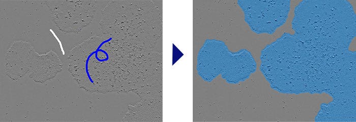 Abbildung 5: Konfluenzanalyse (links: für maschinelles Lernen markiertes Bild, rechts: Ergebnis der Konfluenzanalyse)
