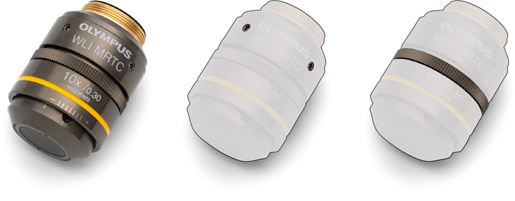 Evident’s WLI objective lenses (left) include fixing screws (middle) and an adjustment ring mechanism (right).