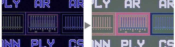 Integrierter Schaltkreis auf einem Halbleiter-Wafer (links: Dunkelfeld/rechts: MIX (Hellfeld + Dunkelfeld))