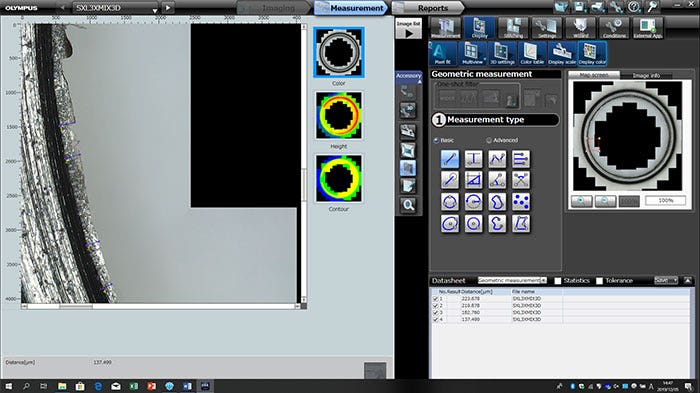 Measurement screen showing measurement of the burr length on the magnified image