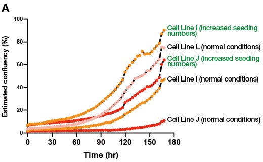 (A)CM20 monitoring results of the growth process of 3 human iPS cell lines under normal conditions and maintenance culture under conditions with increased seeding numbers