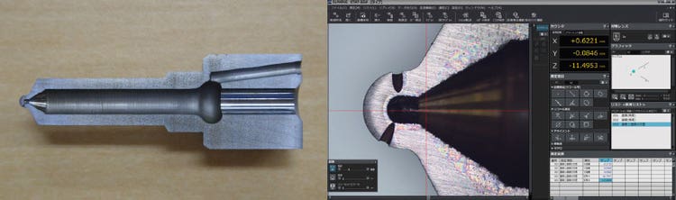 Cross section of an injector nozzle (left) and visualization in STM7-BSW with measurement results (right)