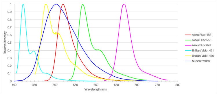 Figure 1: Emission spectra of the six fluorophores used to label mouse medial prefrontal cortex sections.