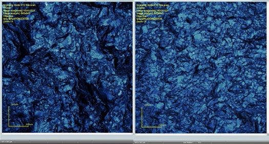 Figure 6: LEXT OLS4100 screen shots of area scans of the surfaces of scrapers used on fresh hide and dry hide