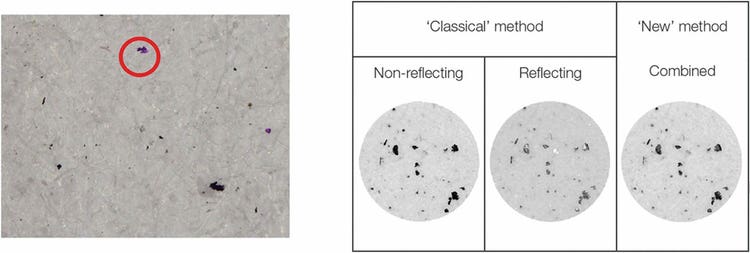 Figure 5: Only one color image is required to separate reflecting (metallic) and non-reflecting (non-metallic) particles. A second scan is not required, which saves time. Additionally, no mechanical parts need to be rotated, saving wear and tear on the instrument.