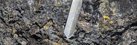 Trowel for gathering lignite coal samples for X-ray spectroscopy analysis to determine sulfur content using the Vanta XRF gun.