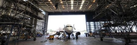 Regional passenger aircraft inside a hanger