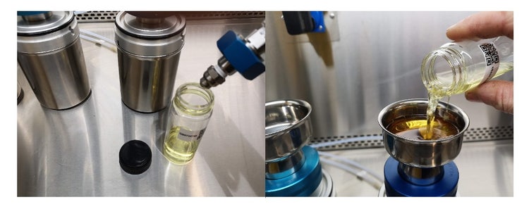 Pouring heptane into a sample bottle for an oil cleanliness analysis