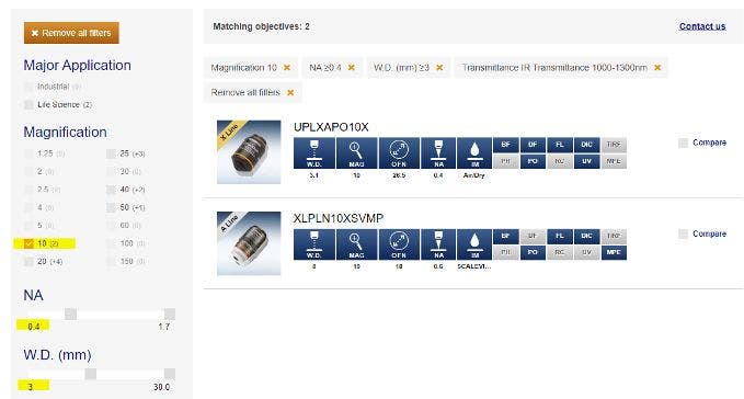 Compare microscope objective specifications