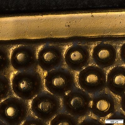 A macro image of an automobile badge. The round features are bumps.