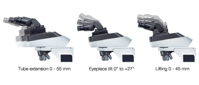 Adjustable observation head of the BX46 upright microscope from Olympus. The head tilts up and down and slides forward and backward and the height is adjustable to adapt to the ideal and ergonomic position and posture of the individual user.