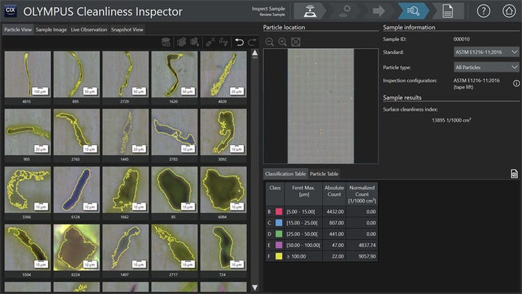 Cleanliness analysis results for a tape lift sample captured on the microscope system showing the surface cleanliness index.