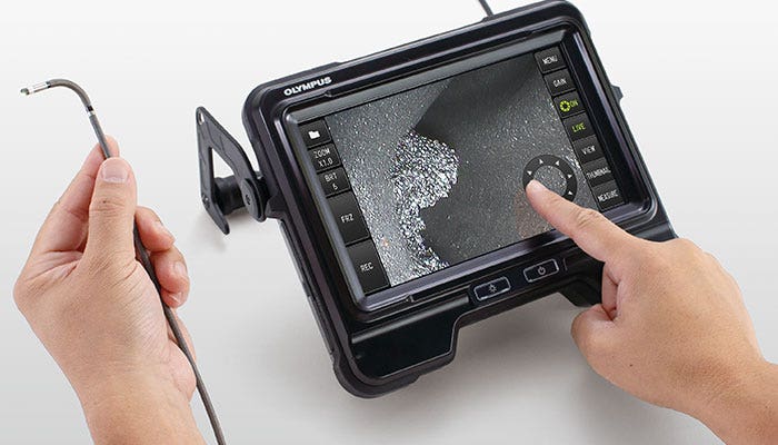 Touchscreen controlled IPLEX videoscope and insertion tube scope with flexible tip for inspecting inside processing pipes.