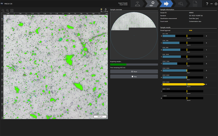 Interface of an automated technical cleanliness inspection system. Counted and sorted particles are displayed live and sorted into size classes.