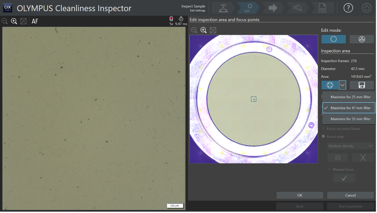 Inspection area of membrane filters in a cleanliness analysis workflow