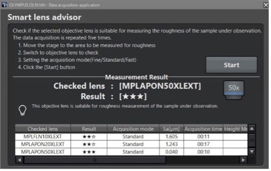 Smart lens advisor on a 3D laser confocal microscope