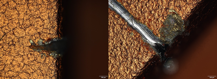 Microscope images of anodized coating chipping at the iPhone 17 Pro camera plateau edge