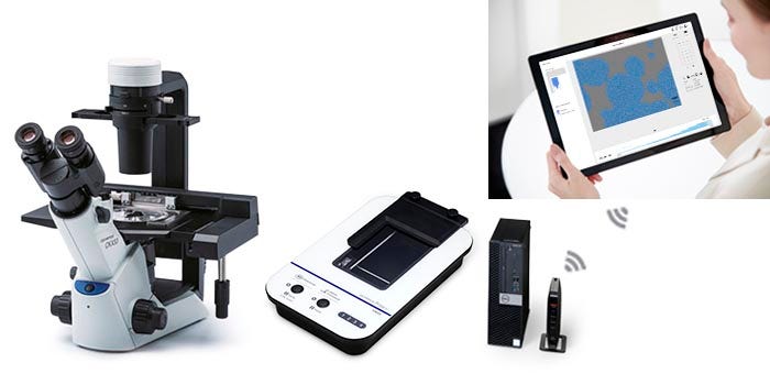 Figure 2. The CKX53 cell culture microscope (left) and the Olympus Provi™ CM20 incubation monitoring system (right) offer features to streamline standardization and quality control in the cell culture workflow.