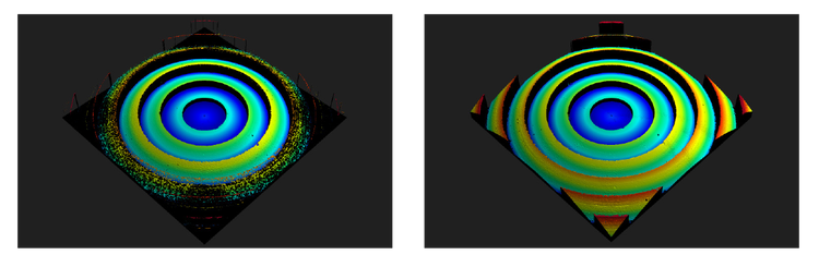 Comparison images of a Fresnel lens sample taken with a conventional WLI 20X objective (NA 0.4) and Evident’s 20X WLI objective (NA 0.6).