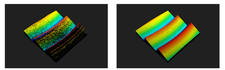 Comparison images of a Fresnel lens sample taken with a conventional WLI 50X objective (NA 0.55) and Evident’s 50X WLI objective (NA 0.8).