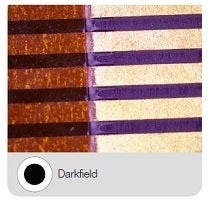 Conventional: brightfield shines the light straight down on the sample while traditional darkfield highlights scratches and imperfections on a flat surface by illuminating the sample from the side of the objective