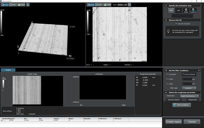 An example of roughness measurement on the groove of an inner ring (long working distance 100X objective lens; 4x optical zoom)