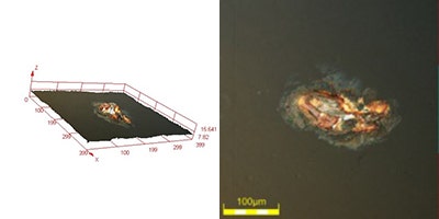 Defecto de oxidación bajo luz polarizada —693x, microscopio DSX510.