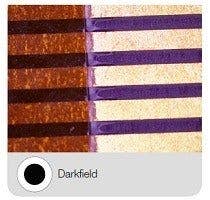 Conventional: brightfield shines the light straight down on the sample while traditional darkfield highlights scratches and imperfections on a flat surface by illuminating the sample from the side of the objective
