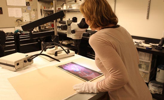 The Olympus SZ61 allows the extremely precise viewing and analysis of two-dimensional artwork as well as three-dimensional pieces. (Photo courtesy of The Walt Disney Family Museum. All Disney characters copyrighted by Disney.)