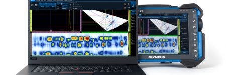 Appareil de recherche de défauts par ultrasons multiéléments OmniScan X3 avec ordinateur portable sur lequel est installée la version 5 du logiciel d’analyse de données CND OmniPC