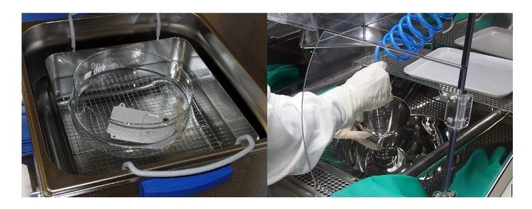 Left: Ultrasonic bath used for sampling in a component cleanliness inspection, right: Washing a part for a technical cleanliness inspection