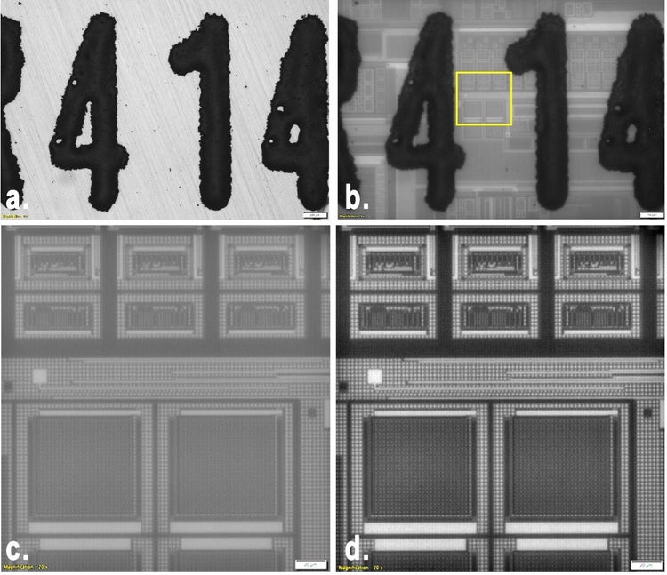 Images en fond clair et infrarouge d’une puce semi-conductrice