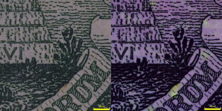 Images d’un billet d’un dollar américain obtenues par observation en fond clair (gauche) et en ultraviolet (UV) (droite) avec le microscope numérique DSX1000