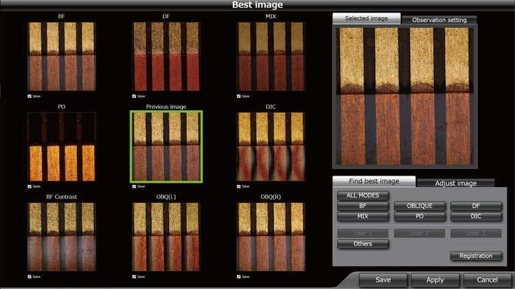 L’écran du microscope numérique Olympus DSX1000 (série DSX) présentant la sélection « Image optimisée », qui permet aux utilisateurs de choisir la méthode d’observation la plus adaptée