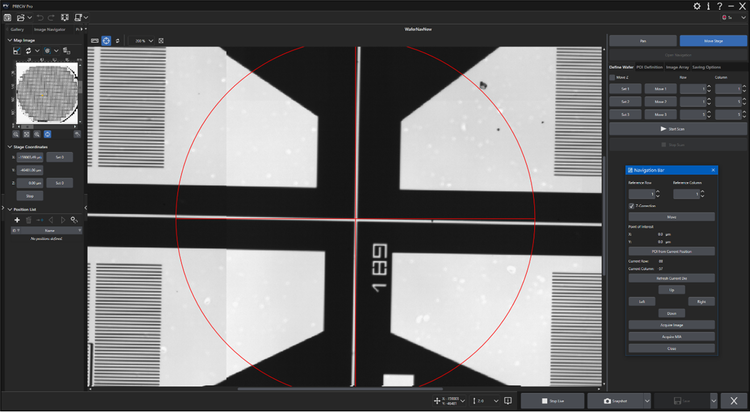 Logiciel PRECiV Pro montrant les coordonnées de la platine motorisée du microscope, de même que les positions X, Y et Z de l’échantillon