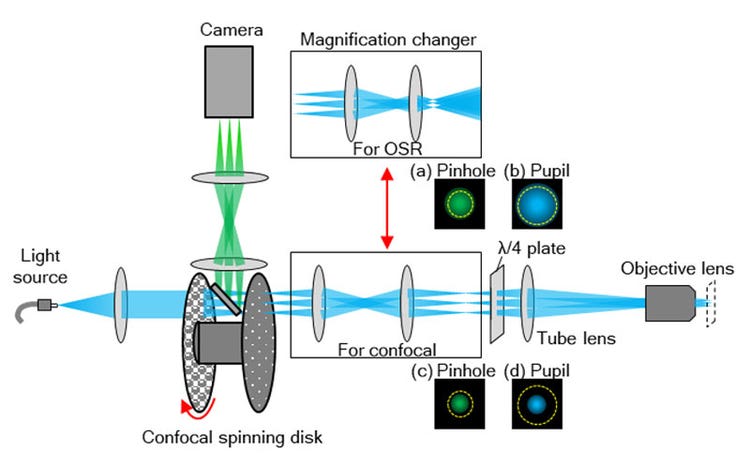Figure 8. Structure of equipment’s components. Optical system for magnification is switched depending on the purpose. For observation using OSR, the magnification system that optimizes pinhole size and occupies the full pupil of the objective is used. For confocal observation, the magnification system that enables observation across a wider field of view is used.