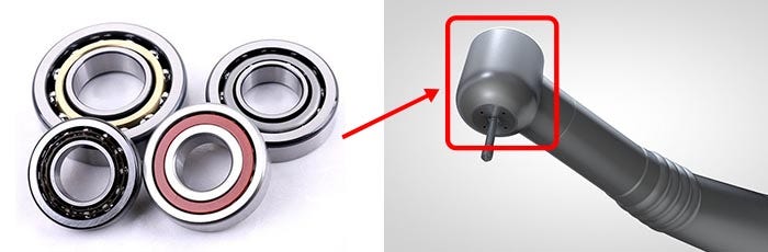 A dental handpiece and miniature bearings used in the drill portion on the tip
