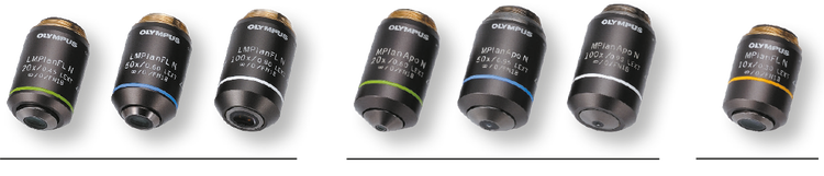 LEXT objective lenses from left to right: long working distance (20X, 50X, 100X), high performance (20X, 50X, 100X), and low magnification (10X).