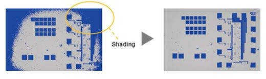 Wafer semiconduttore (immagine binarizzata): la correzione delle ombreggiature produce un'illuminazione uniforme nel campo visivo.