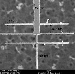 Figure 6. a) Scanning electron micrograph of ACNTC. b) LEXT OLS5000 optical micrograph of same device. Excellent image quality and resolution enable a quick inspection of device integrity after fabrication. The center-to-center distance between the horizontal lines is 500 nm and their width is about 65 nm.