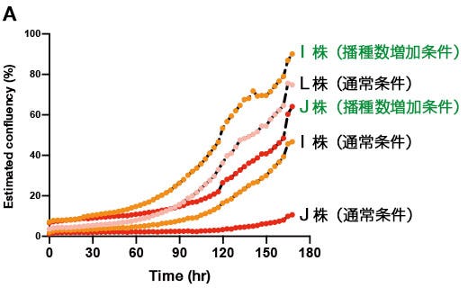 (A) ヒトiPS細胞３株について、通常条件と播種数を増やした条件で維持培養した時の増殖過程のCM20モニタリング結果。