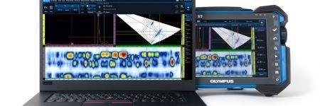 OmniScan X3 phased array flaw detector with laptop installed with OmniPC NDT data analysis software version 5