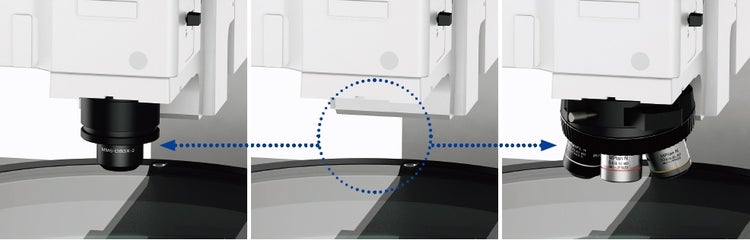 図3：（左）STM7-MMOBADを用いて対物レンズを一つ装着した状態／（中央）レボルバーを付ける前の状態／（右）レボルバーを用いて対物レンズを複数装着した状態